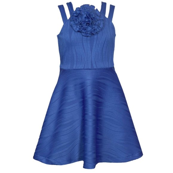 Bonnie Jean Girls Size 7-16 Royal Crinkle Knit Rosette Skater Dress - Picture 1 of 5